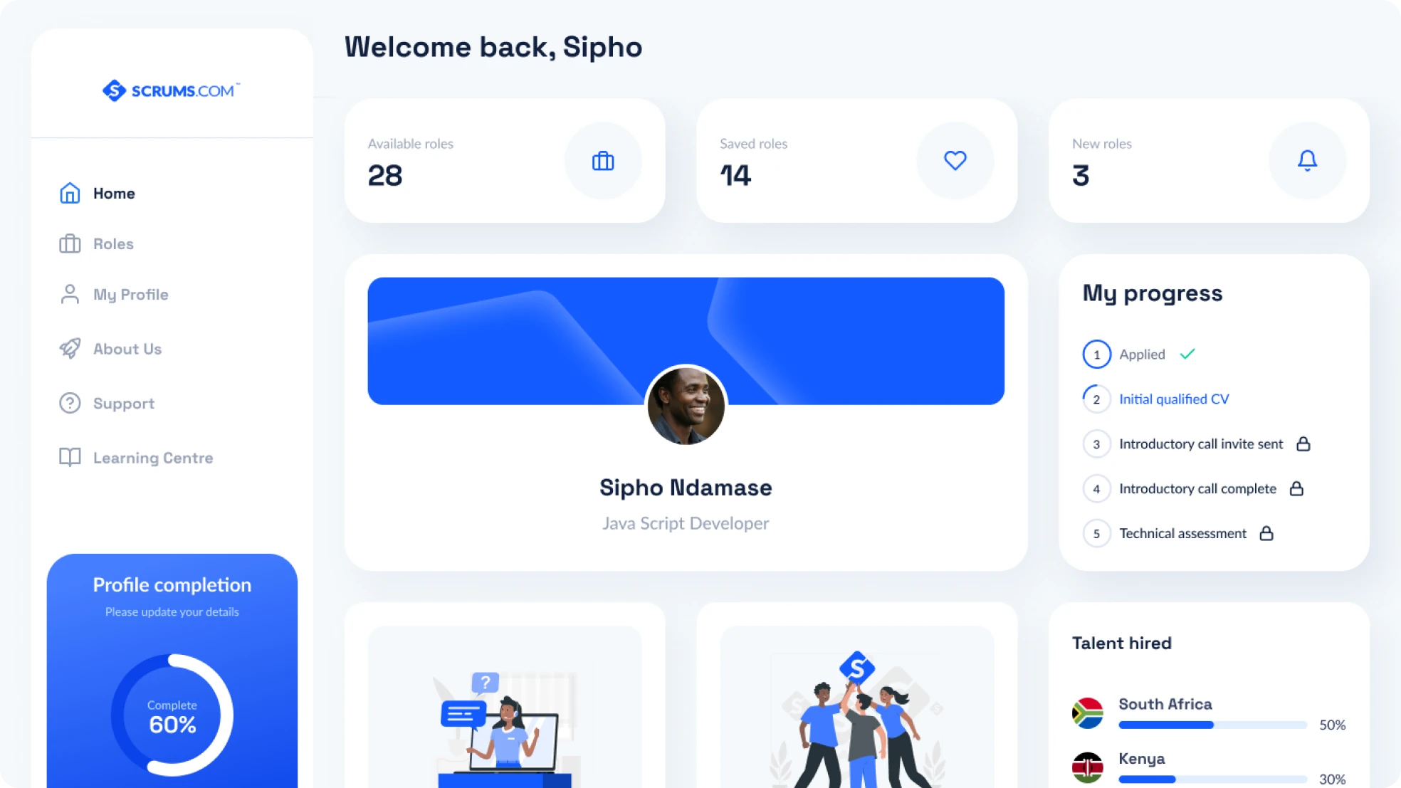 The Scrums.com Talent Platform dashboard, showing matched roles, profile strength and application progress