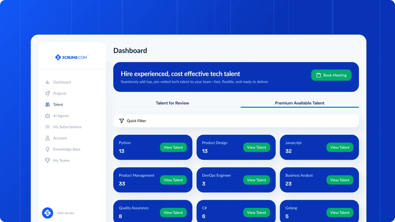 Scrums.com SEOP platform dashboard showing available talent with talent filtering and real-time hiring capabilities