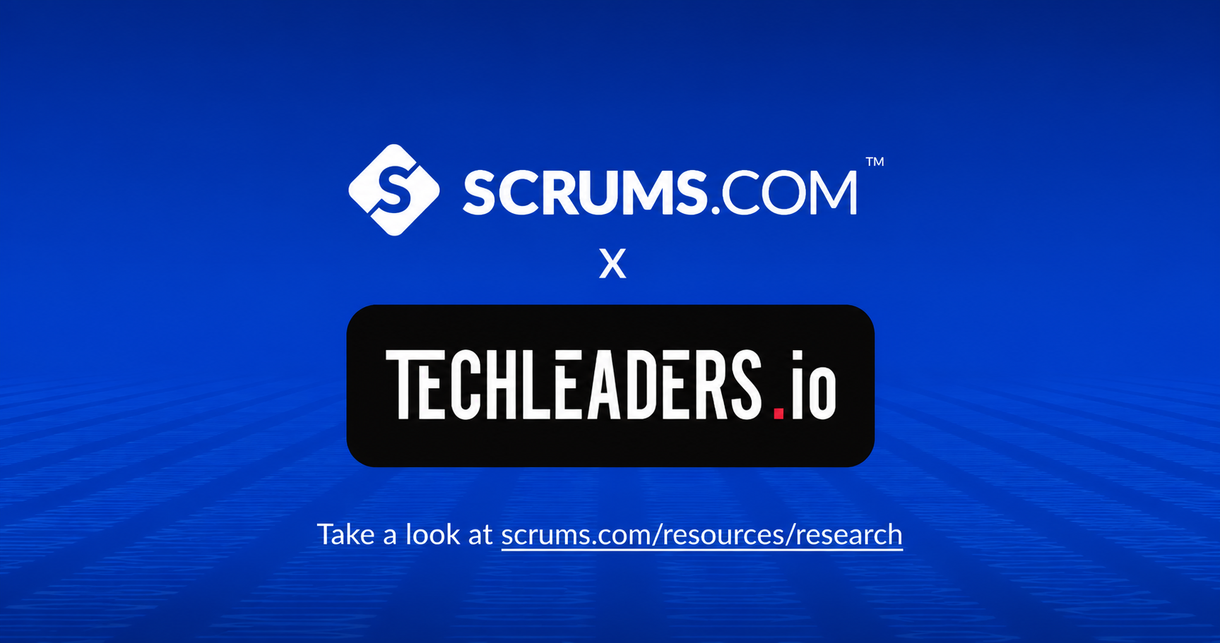 Scrums.com acquires TechLeaders.io. Announcement banner showing the Scrums.com and TechLeaders.io marks joined, pointing to scrums.com/resources/research